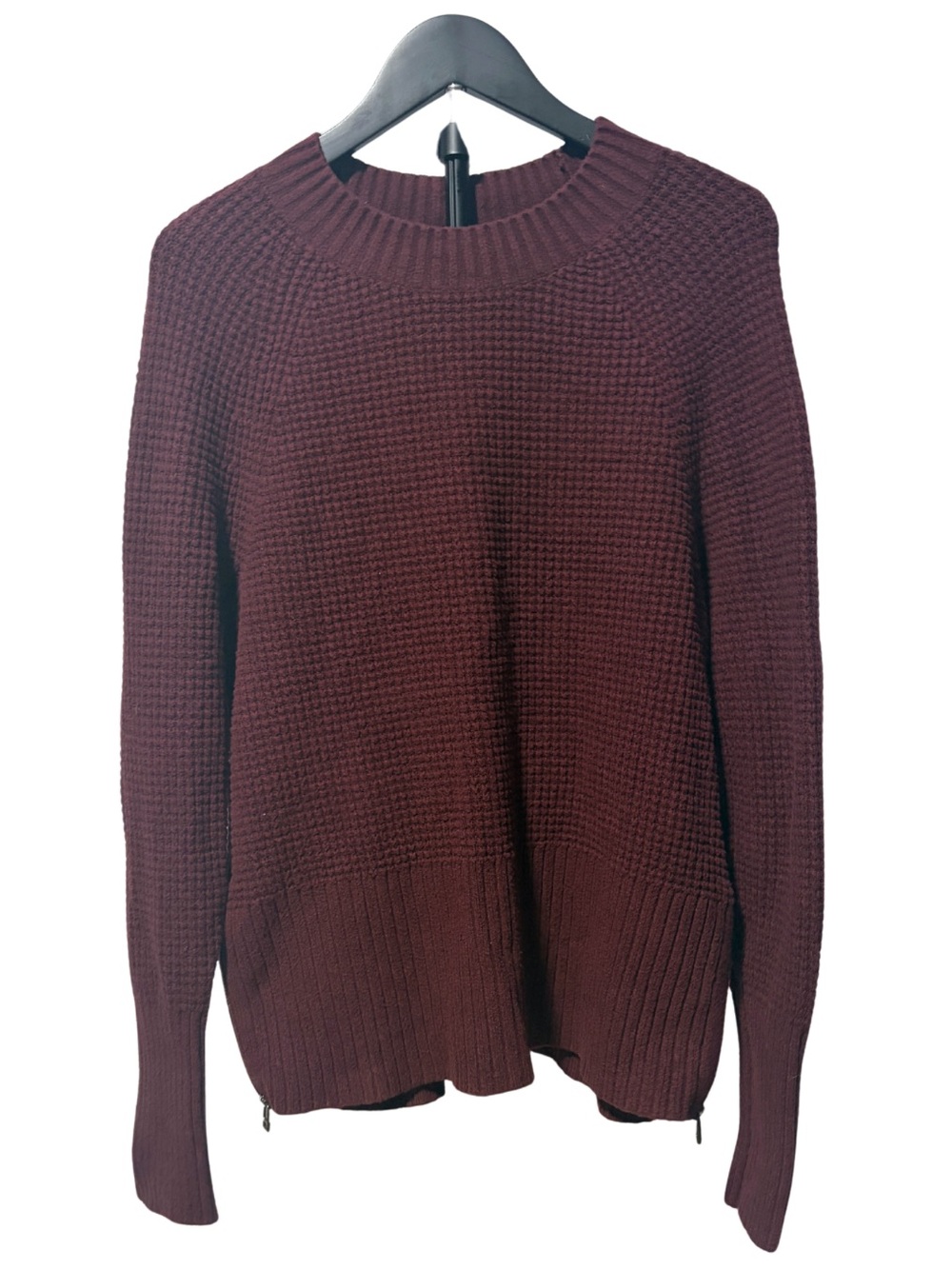 L.L. Bean Women's Crewneck Waffle Knit Sweater With Side Zippers - Burgundy